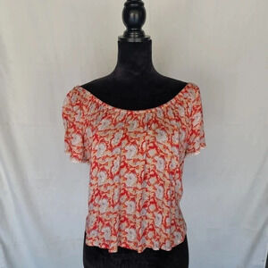 Forever 21 Teen's Junior Top Coral Crop Ruffled Off Shoulder Floral Orange Small